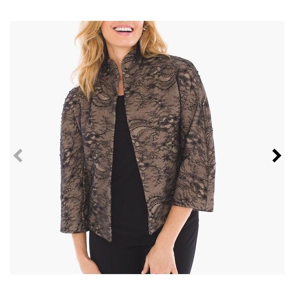 CHICO'S Lace-Embellished Jacket Delicate black lace overlay blazer SZ 0 (SM) - Picture 1 of 7